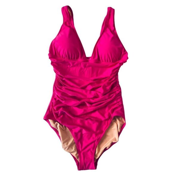 J Crew Radiant Fuchsia Ruched V-neckline One Piece Swimsuit Sz 14 NWT - Picture 5 of 16
